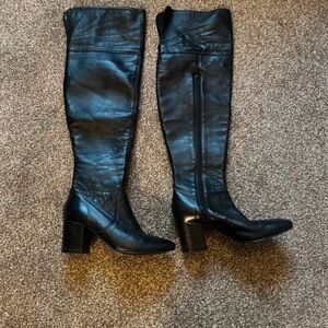 Boots Black Leather Knee-High Heeled Boots